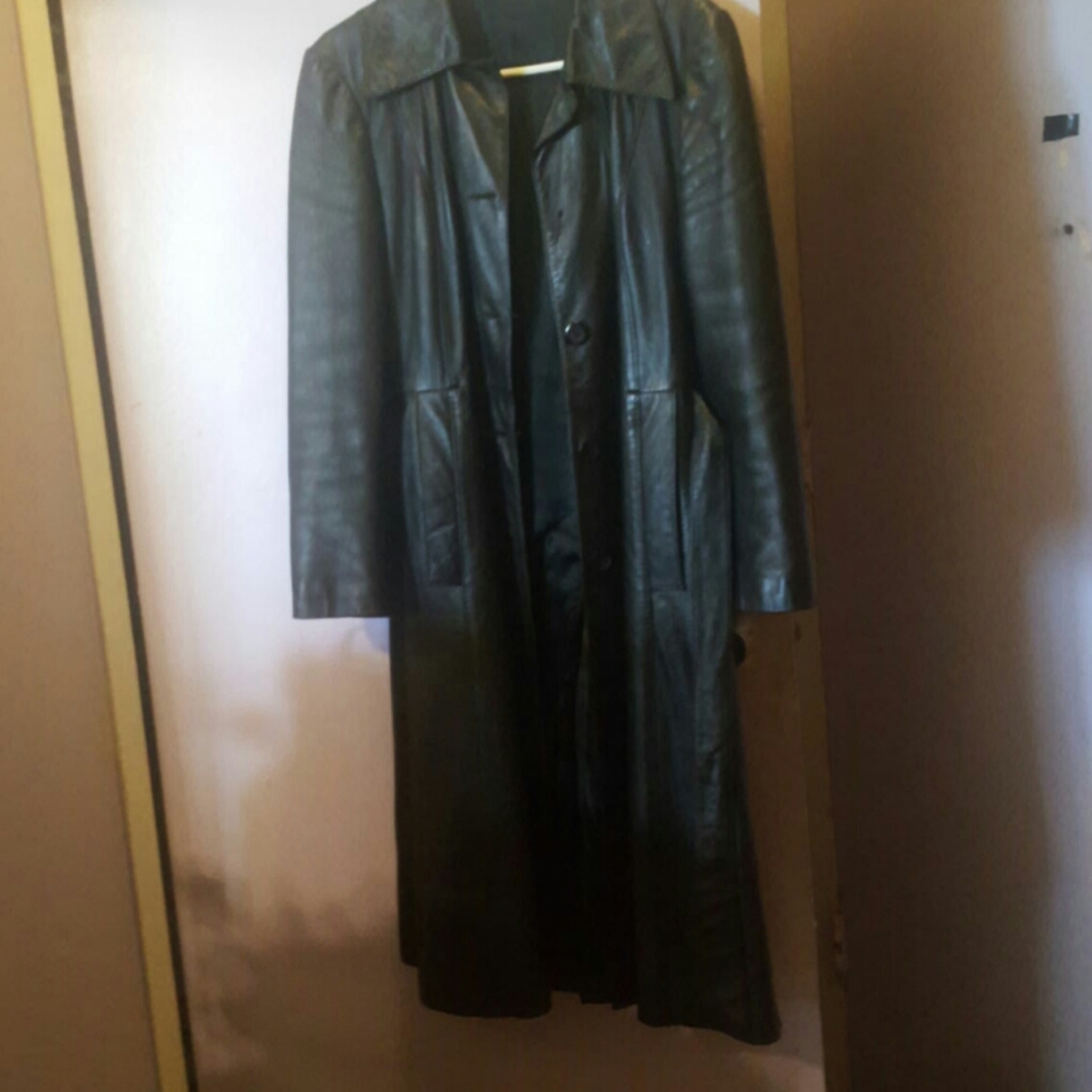 Full length pure black leather coat